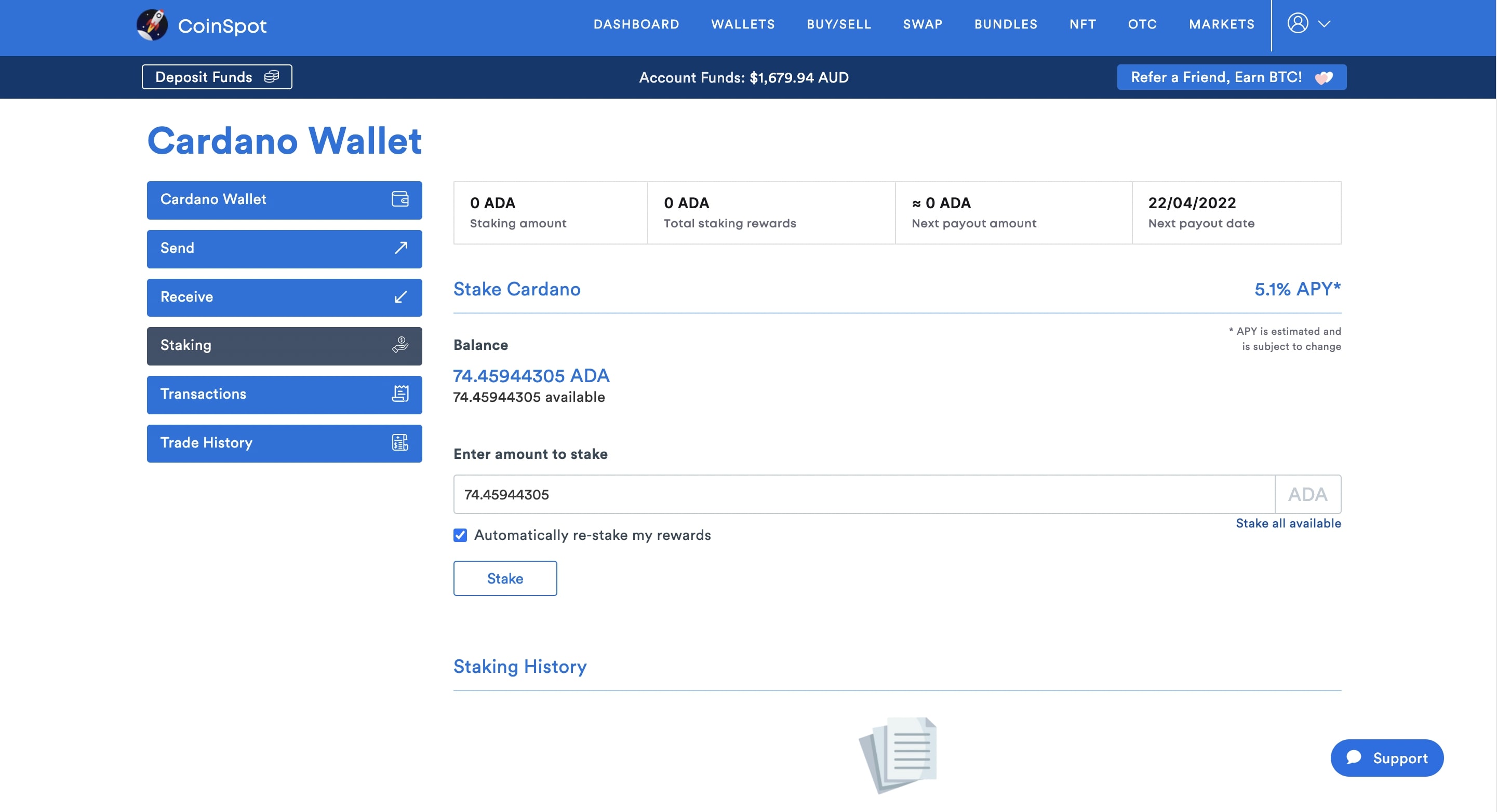 Staking 74.45 ADA on CoinSpot