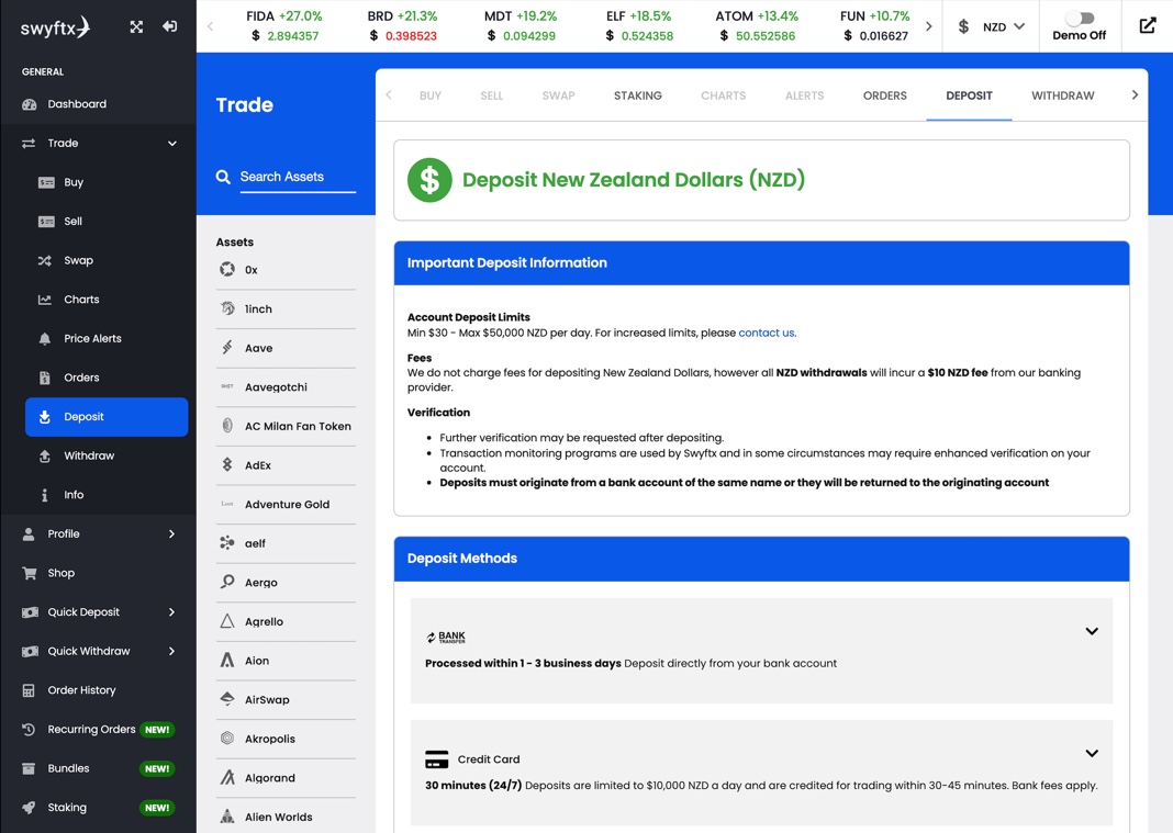 SwyftX NZ Deposit Page