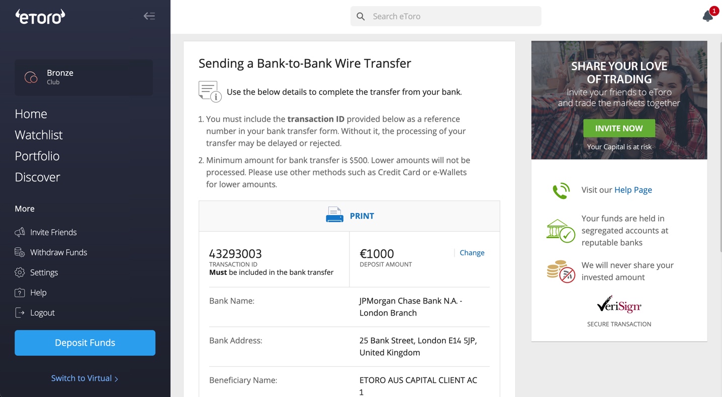eToro Bank Transfer Details