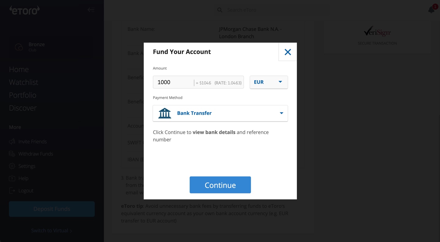 eToro Fund your account page
