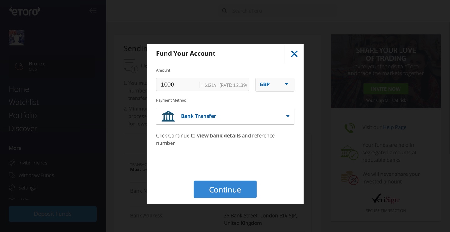 Deposit Funds pop up eToro