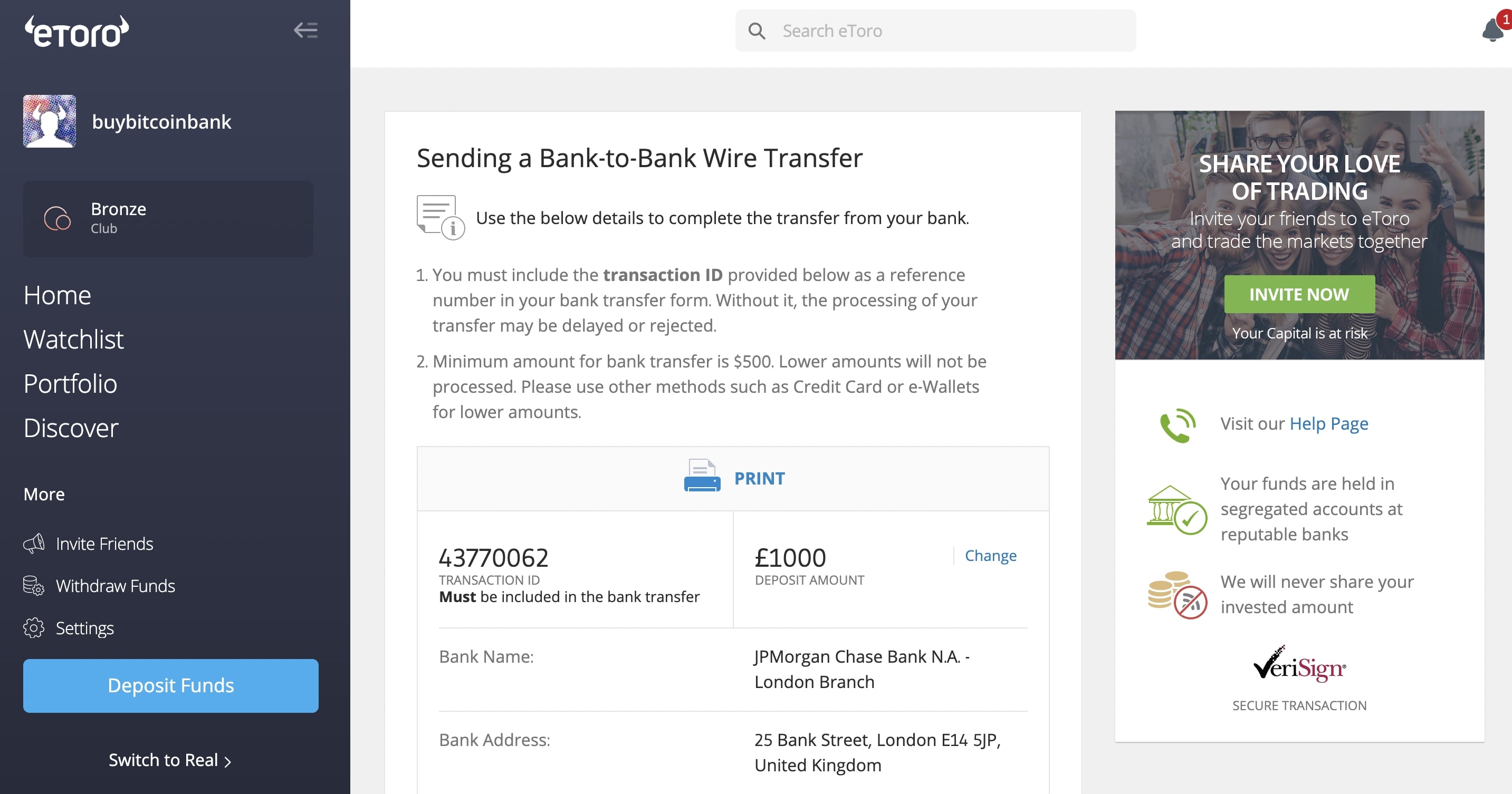 Bank to eToro Deposit