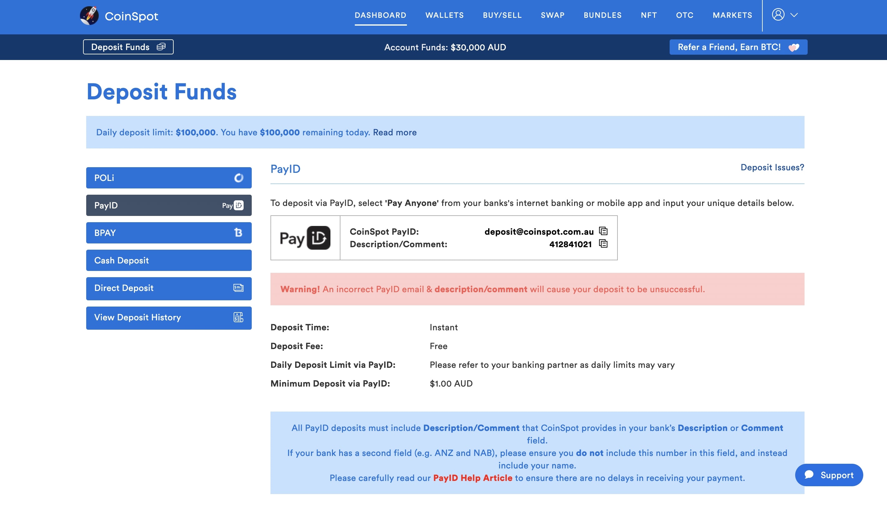 Deposit AUD with PayID from CommBank CoinSpot