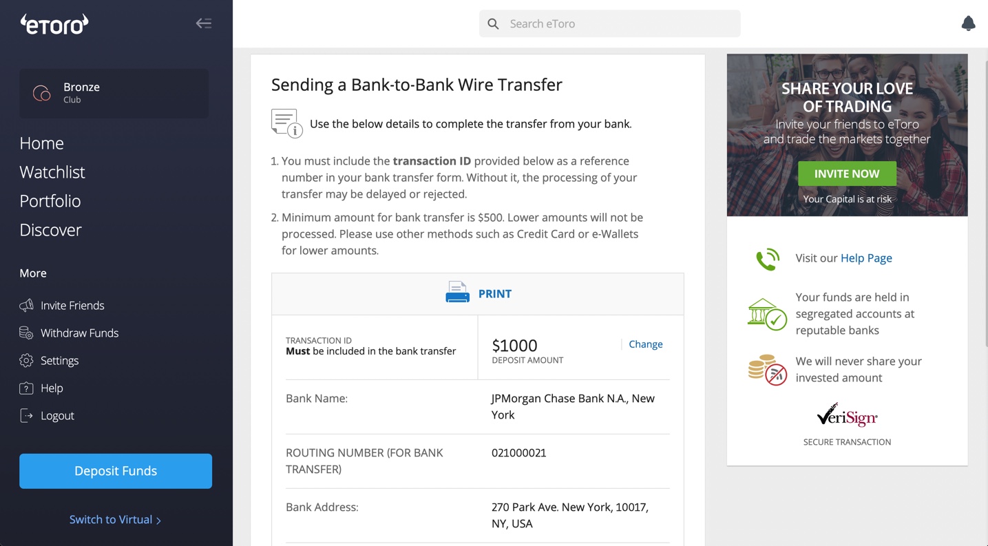 eToro USD Bank Account Details