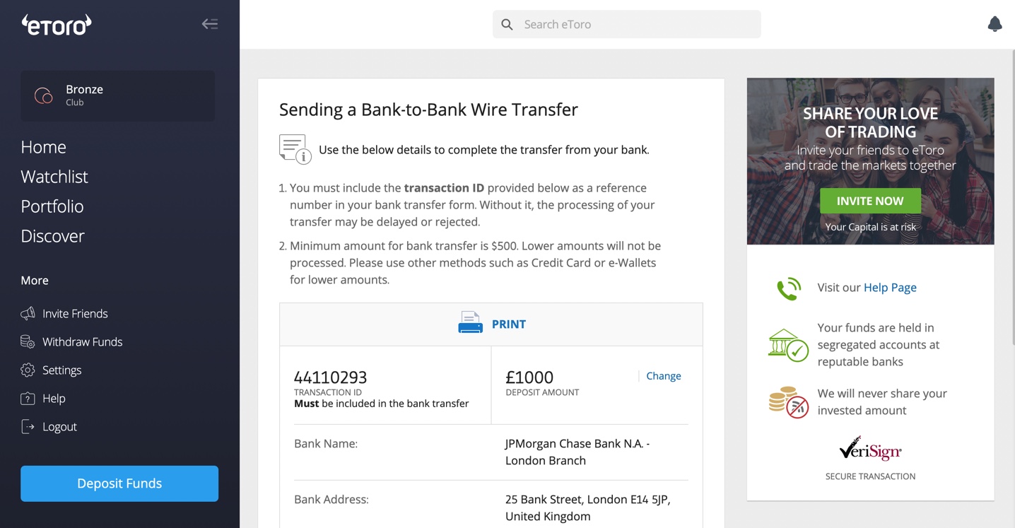 Bank Details Page on eToro