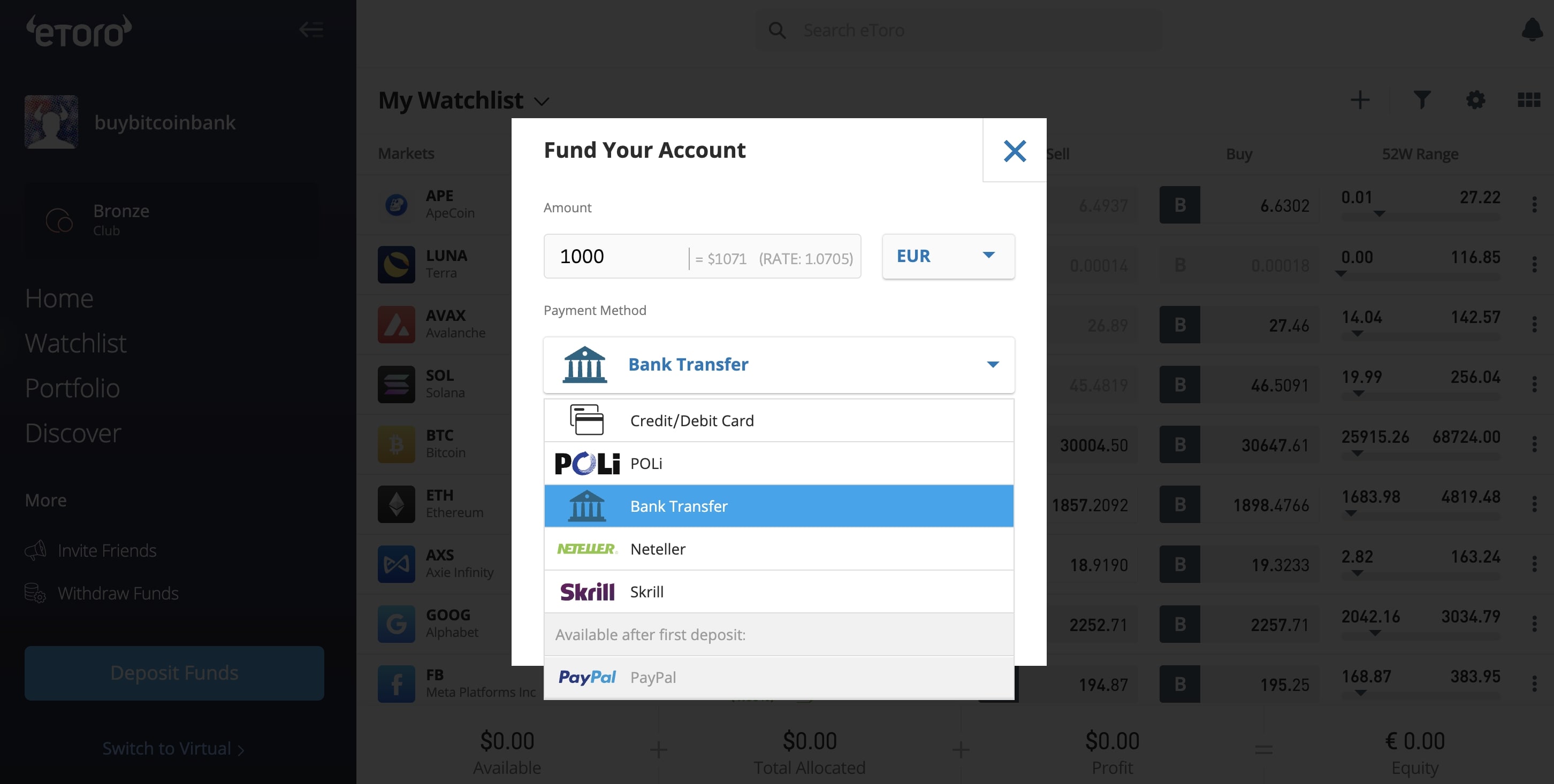 Deposit Euro or CHF eToro UBS Bank