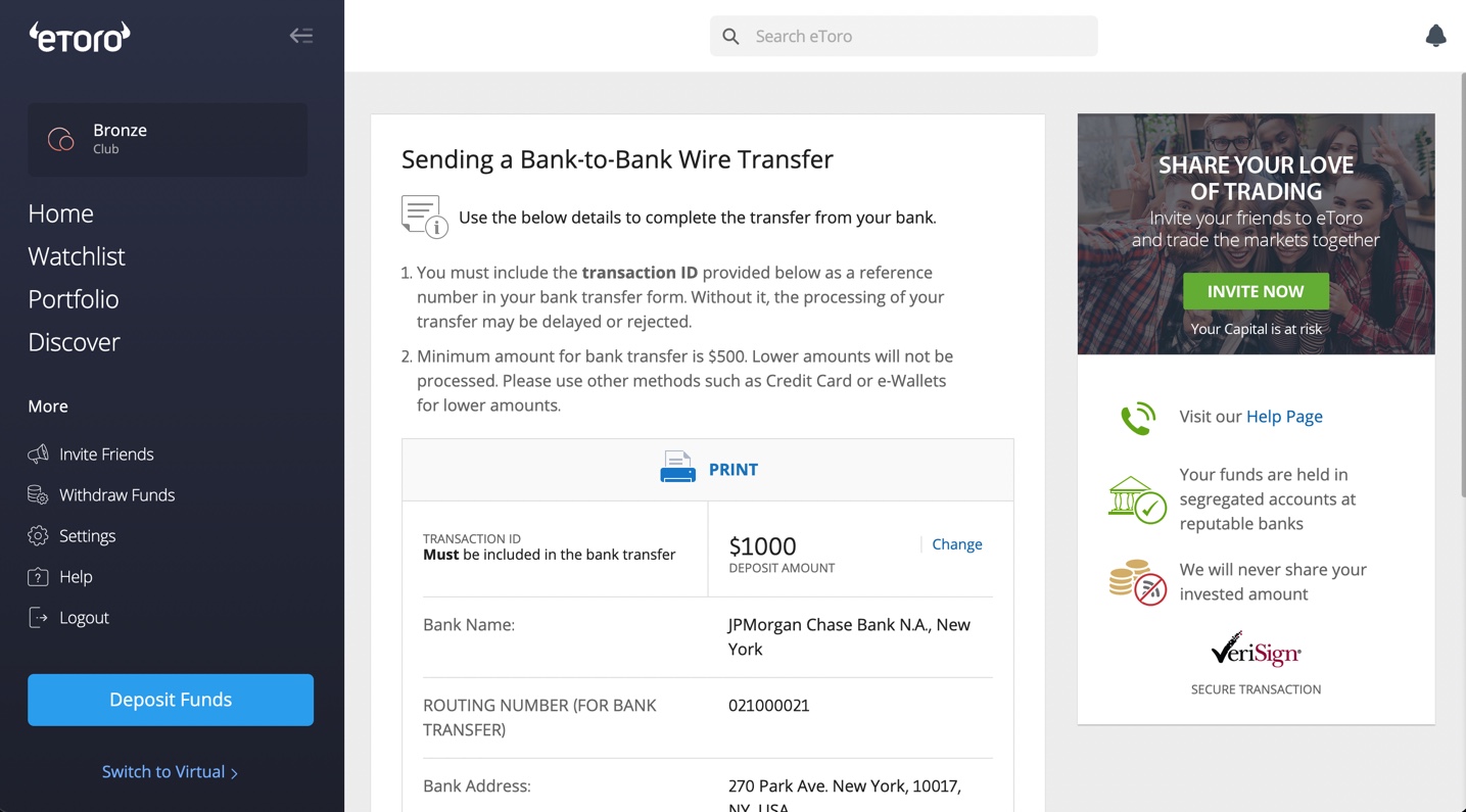 eToro USD Bank details