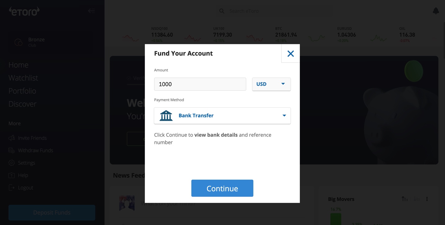 Fund your eToro account with USD