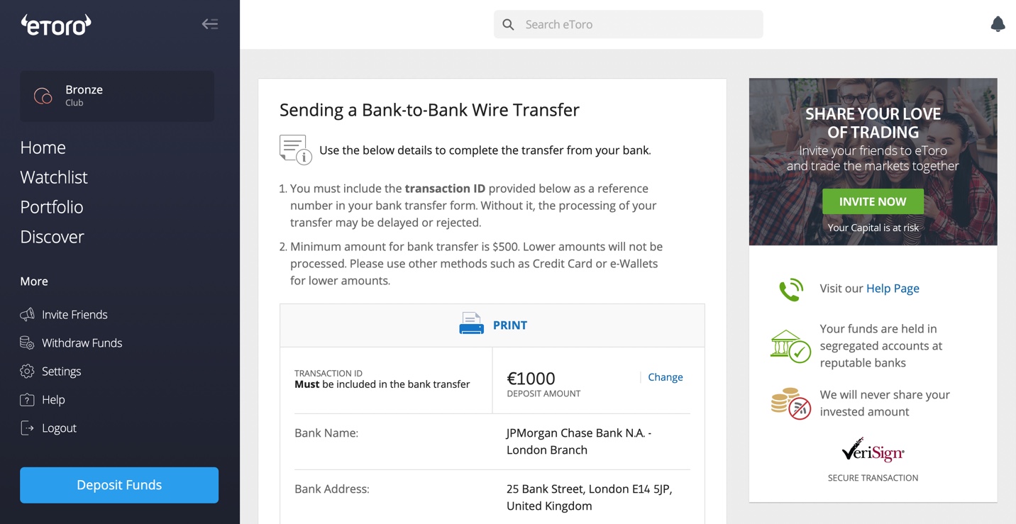Bank Transfer details for eToro - Netherlands
