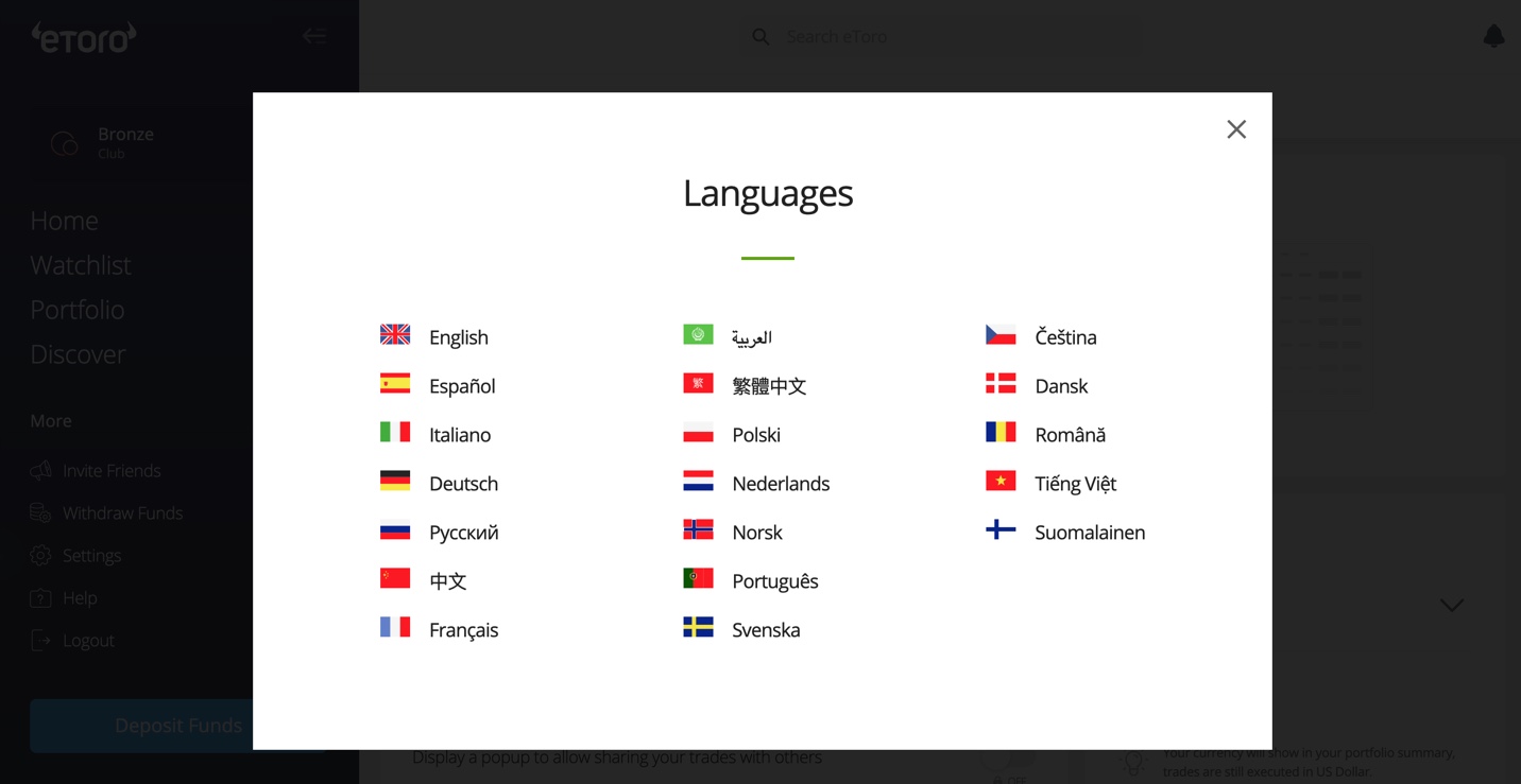 Supported Languages on eToro
