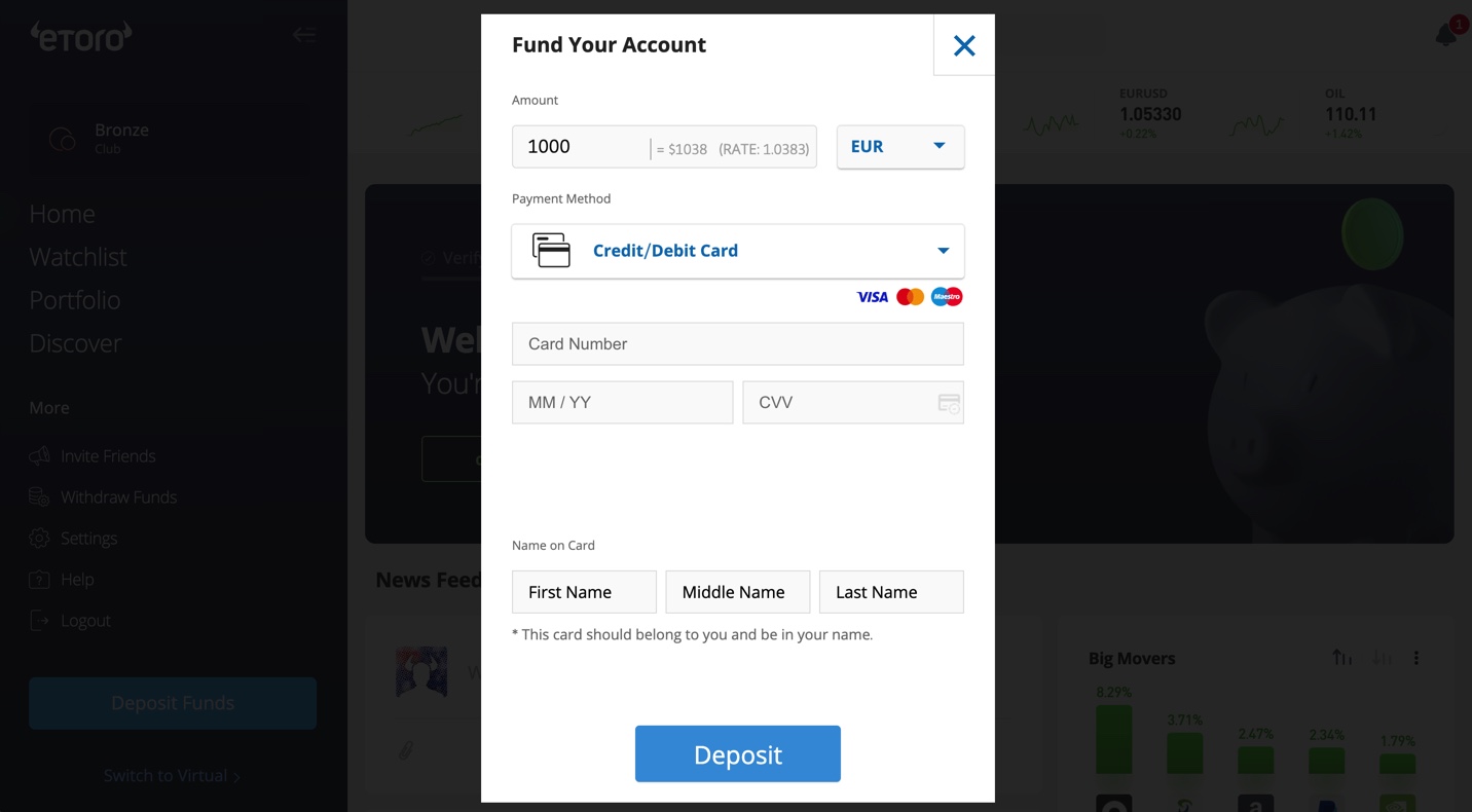 Fund your Account - Credit/Debit card on eToro