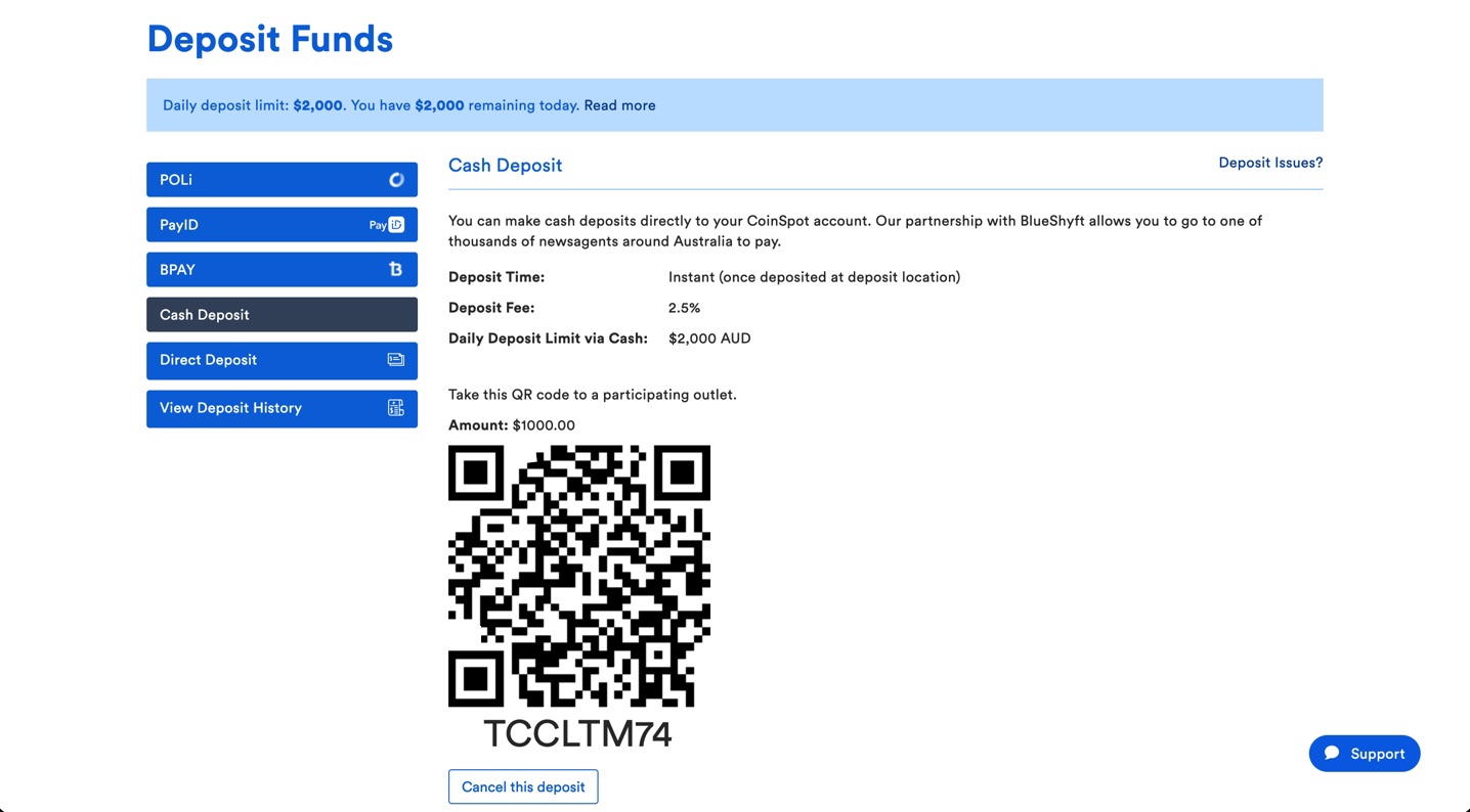 Cash Deposit QR code on CoinSpot