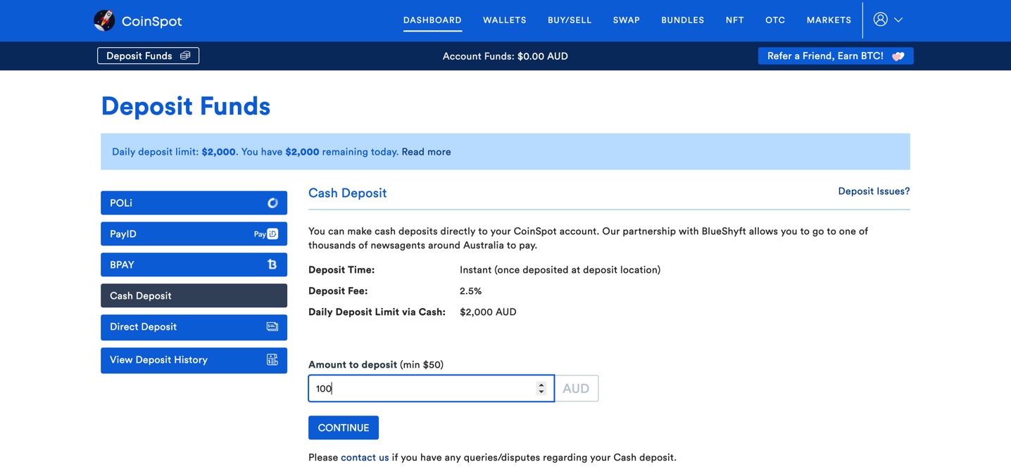 Deposit cash onto CoinSpot