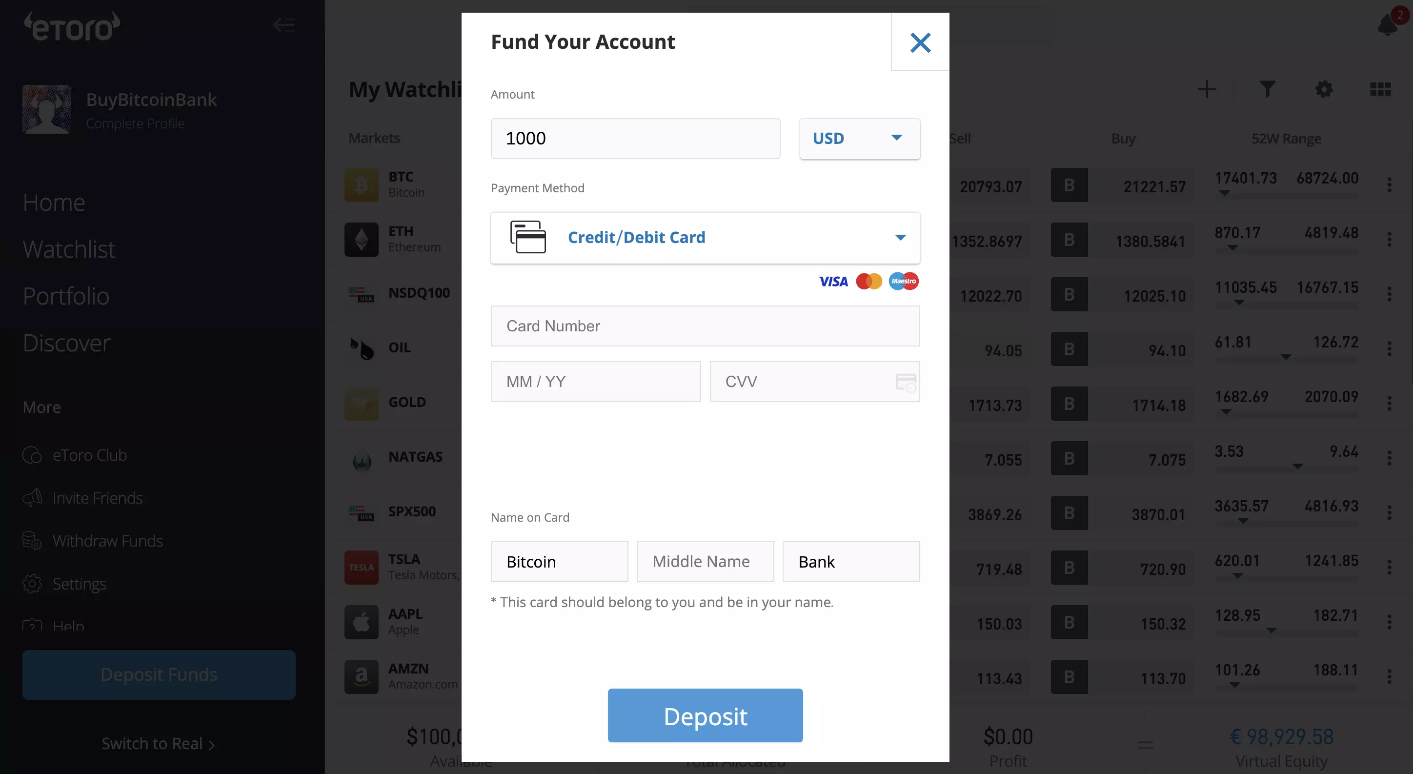 Deposit funds VISA buy Crypto