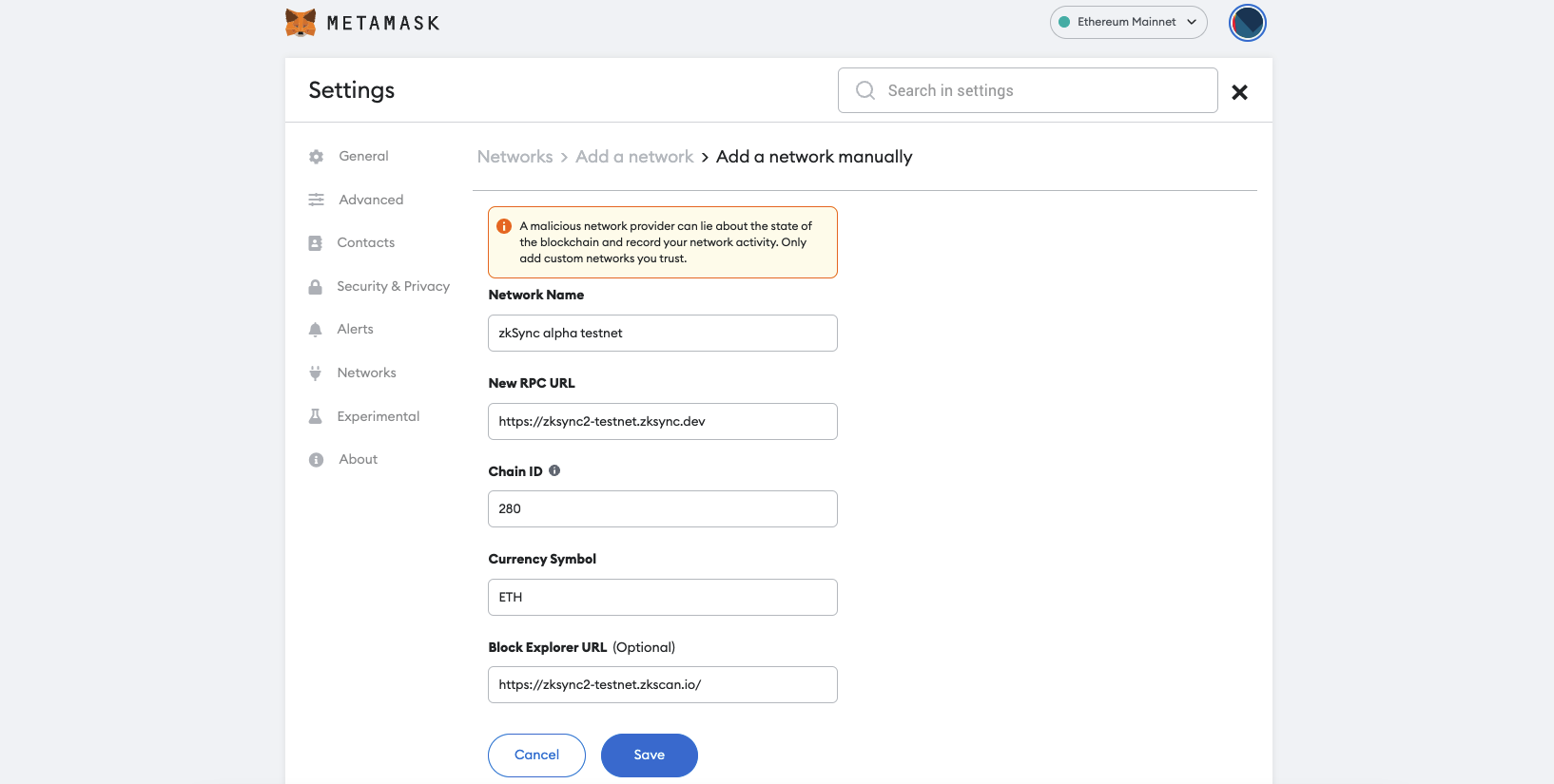 add zksync metamask