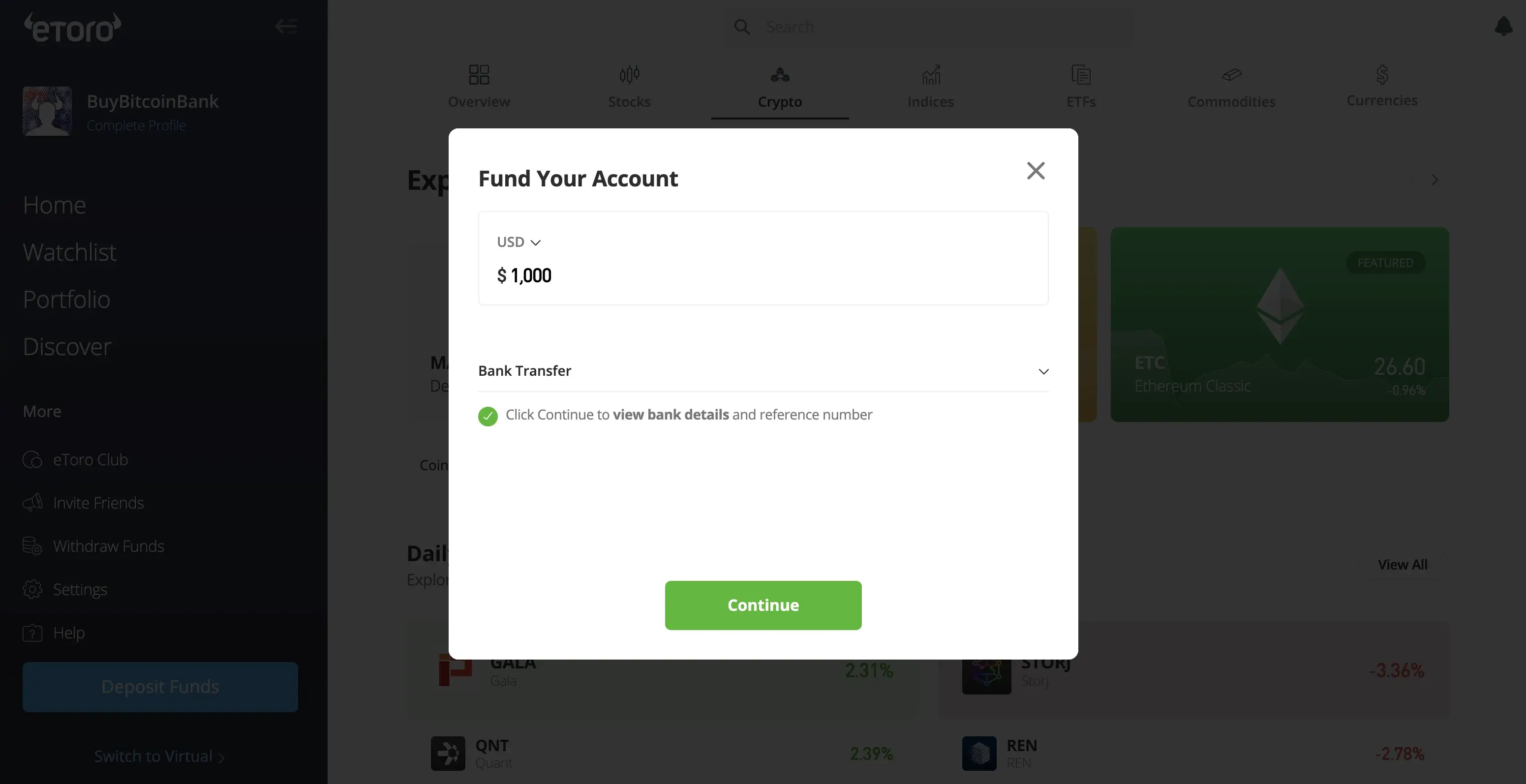 Fund Account with a Bank Transfer