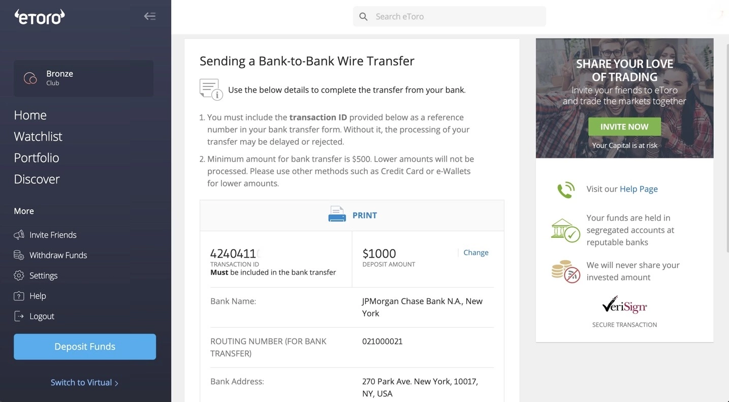Deposit Funds with Bank Transfer