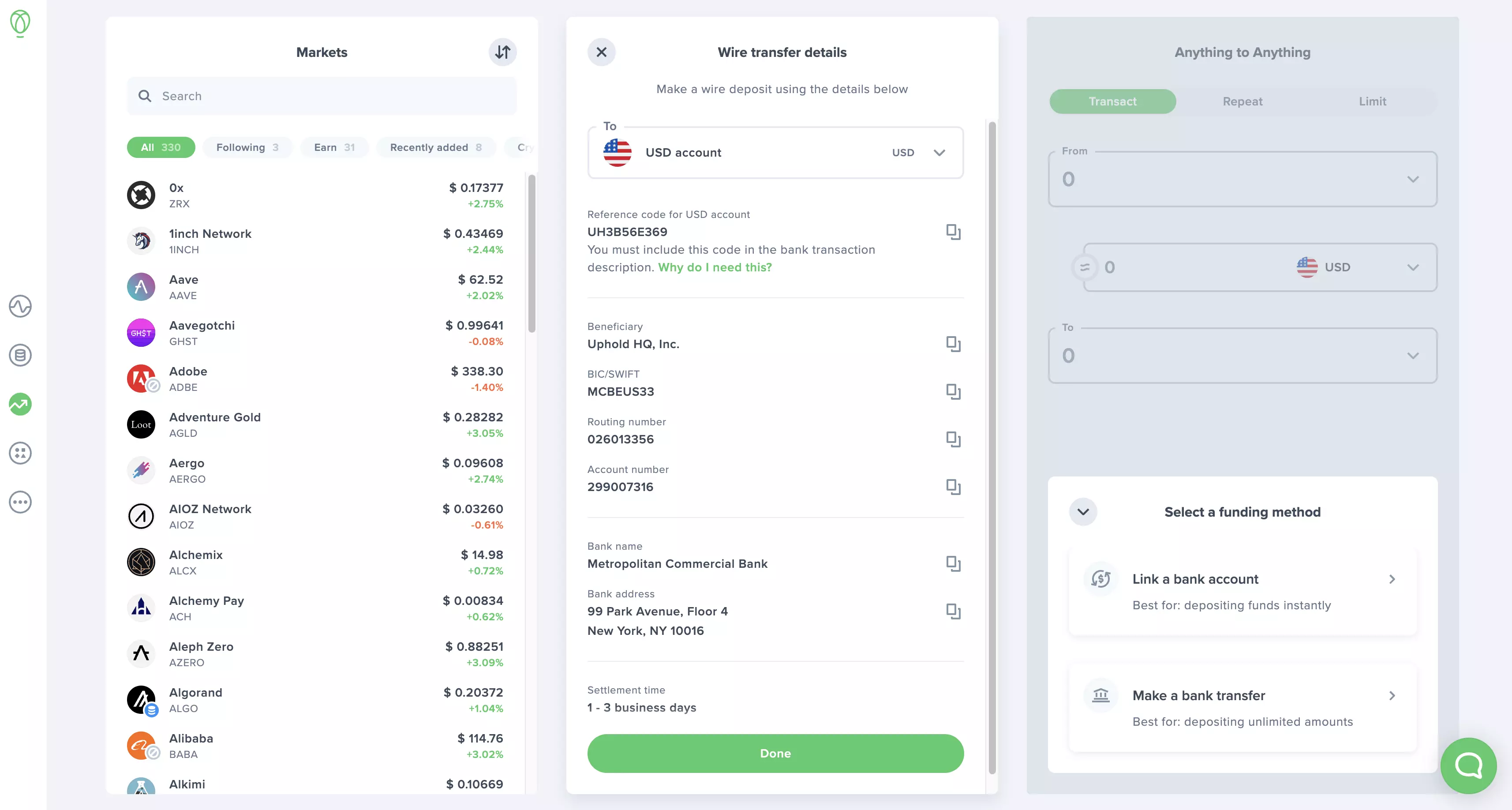 Deposit USD from Current Bank to Buy Crypto.