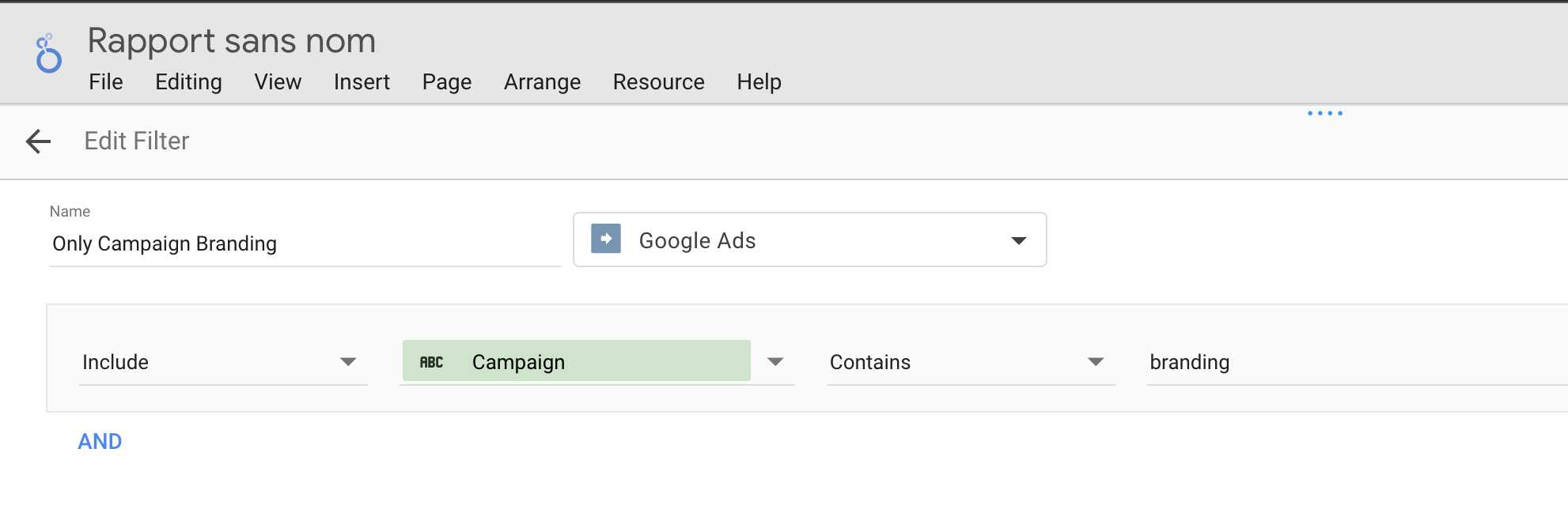 Filter on branding campaign on Looker Studio.