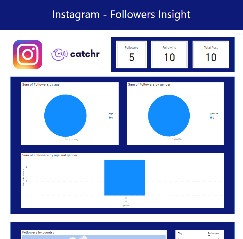 Free Instagram followers report for PowerBI made by Catchr