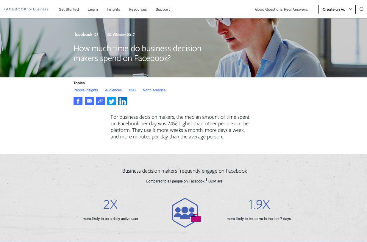 Wie viel Zeit verbringen Entscheidungsträger auf Facebook? @ <a href="https://www.facebook.com/business/news/insights/how-much-time-do-business-decision-makers-spend-on-facebook">Facebook</a>