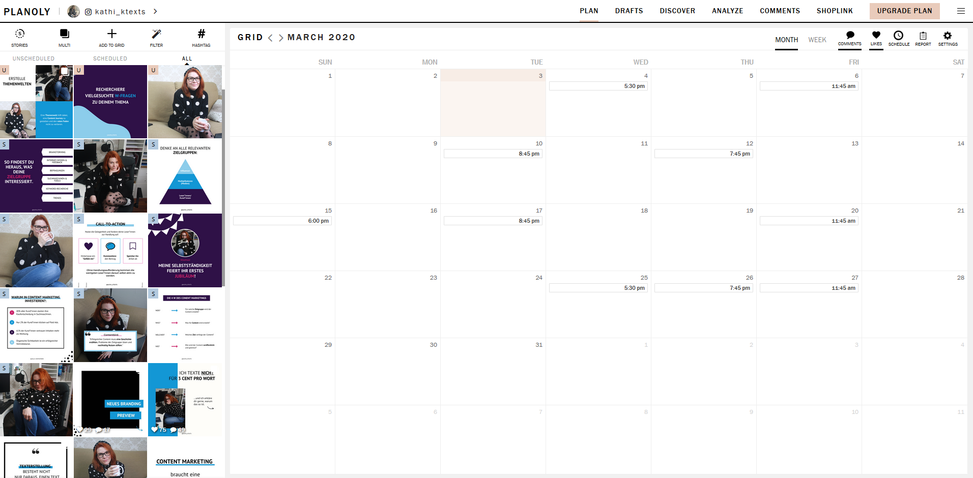 Ansicht einer kalendarischen Planung von Instagram Posts in Planoly