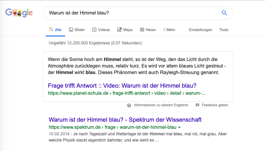 Google Featured Snippet Beispiel Screenshot