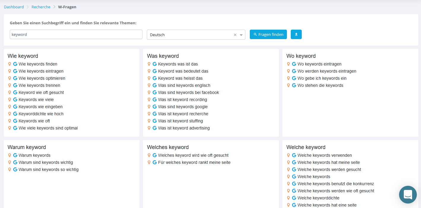 W-Fragen in contentbird zum Keyword Keyword