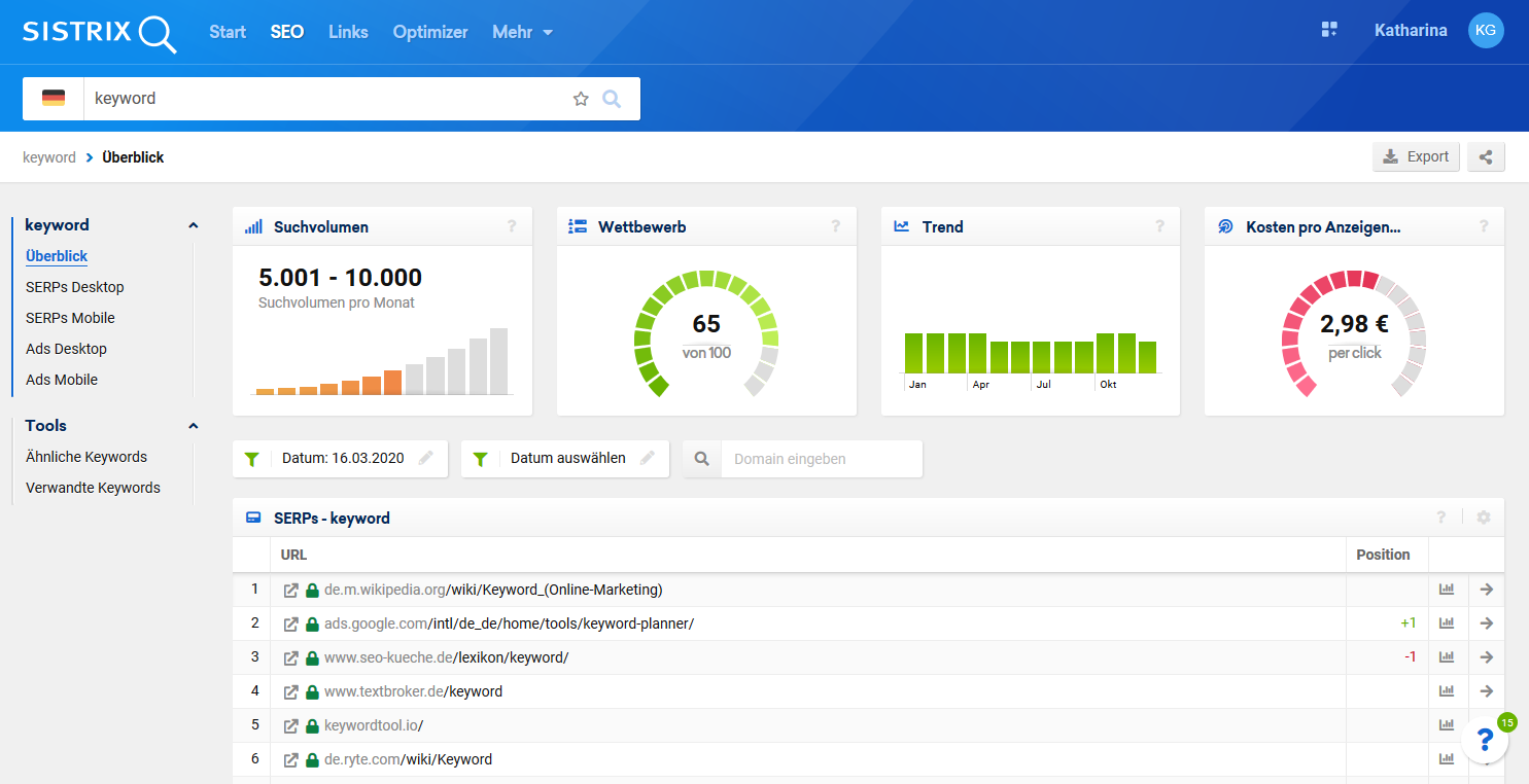 Sistrix Ergebnisliste für das Keyword Keyword