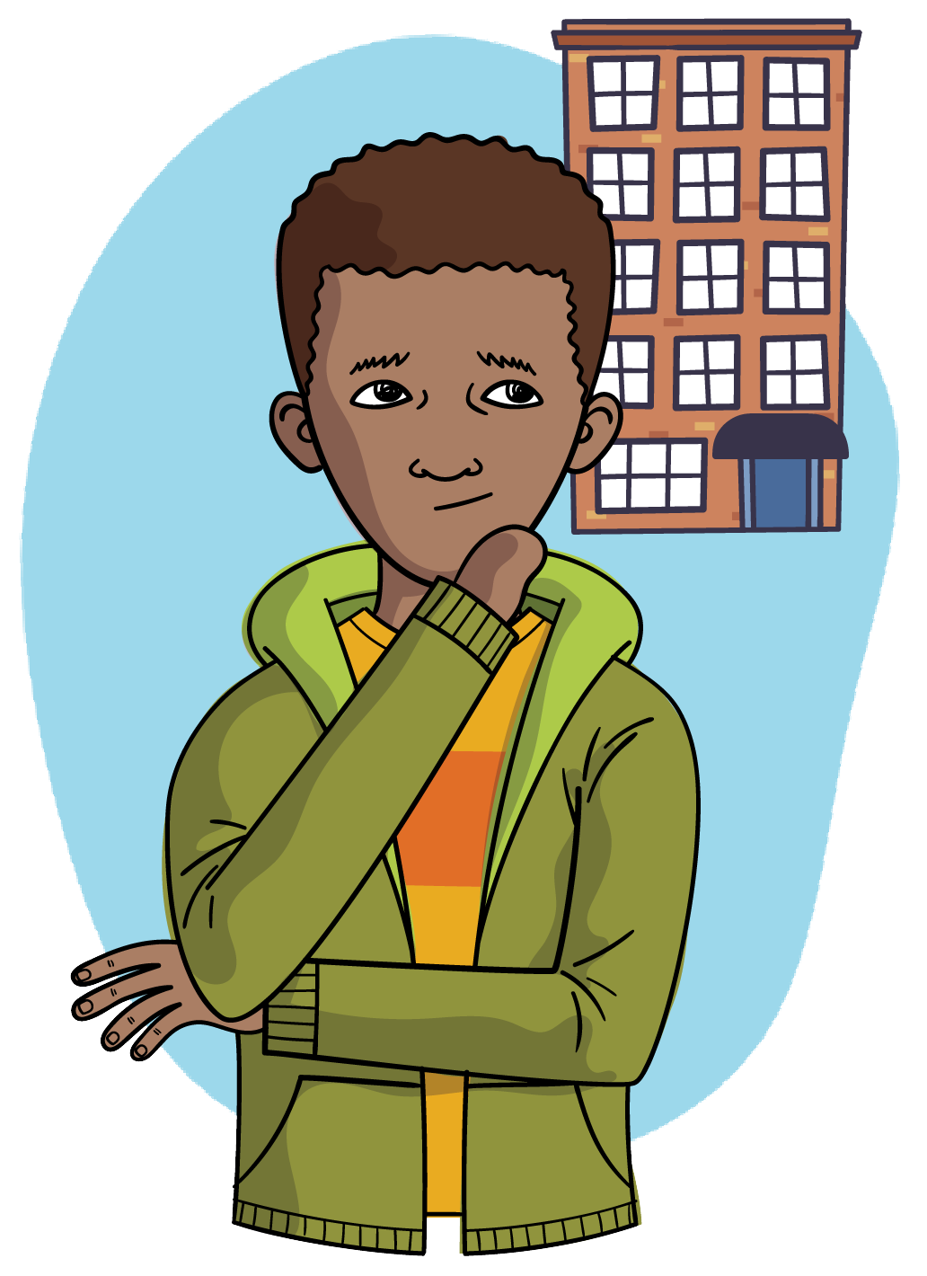 A cartoon illustration of a boy in front of an apartment building.