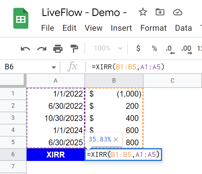 XIRR Function in Google Sheets Explained LiveFlow
