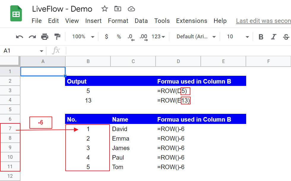 ROW Function in Google Sheets: Explained | LiveFlow