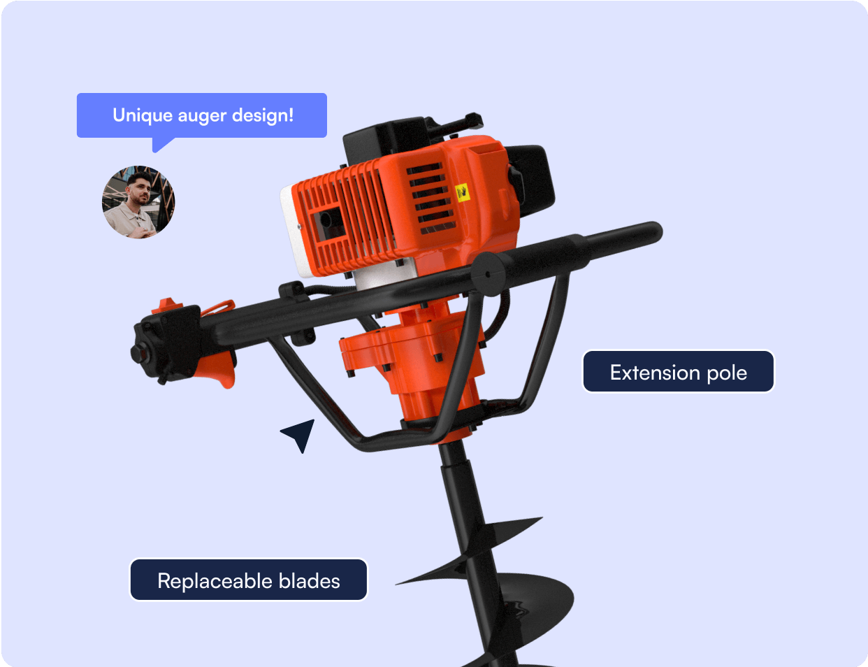 Hole digger gasoline auger drill H03.2k Jig with Labels "Extension pole" and "Replaceable. blades".