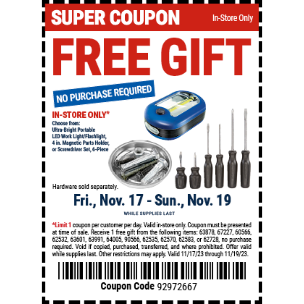 [Harbor Freight] Free LED Worklight, 4" Parts Holder, or 6Piece Screwdriver Set (In