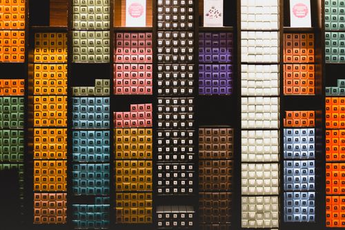 Photo of boxes sorted by color