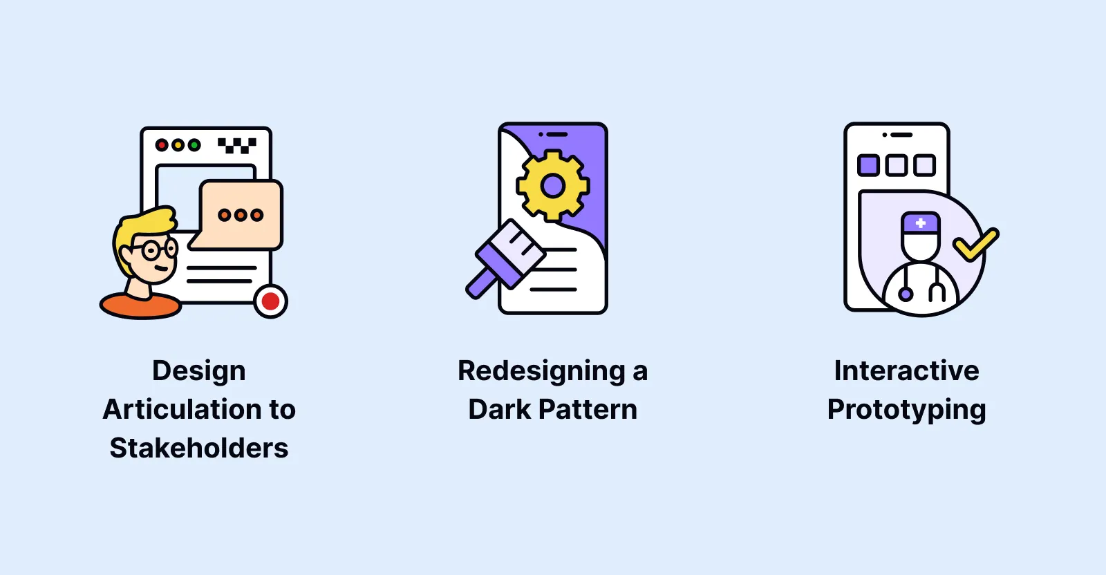 Cover images for challenges on Design Articulation to Stakeholders, Redesigning a Dark Pattern, and Interactive Prototyping