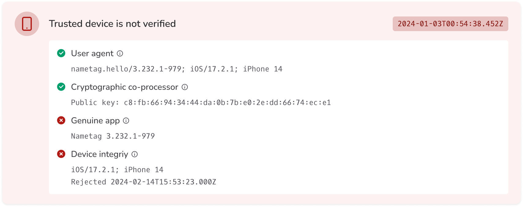 Nametag screenshot showing that a device is not verified