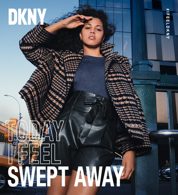 DKNY male and female models with red background