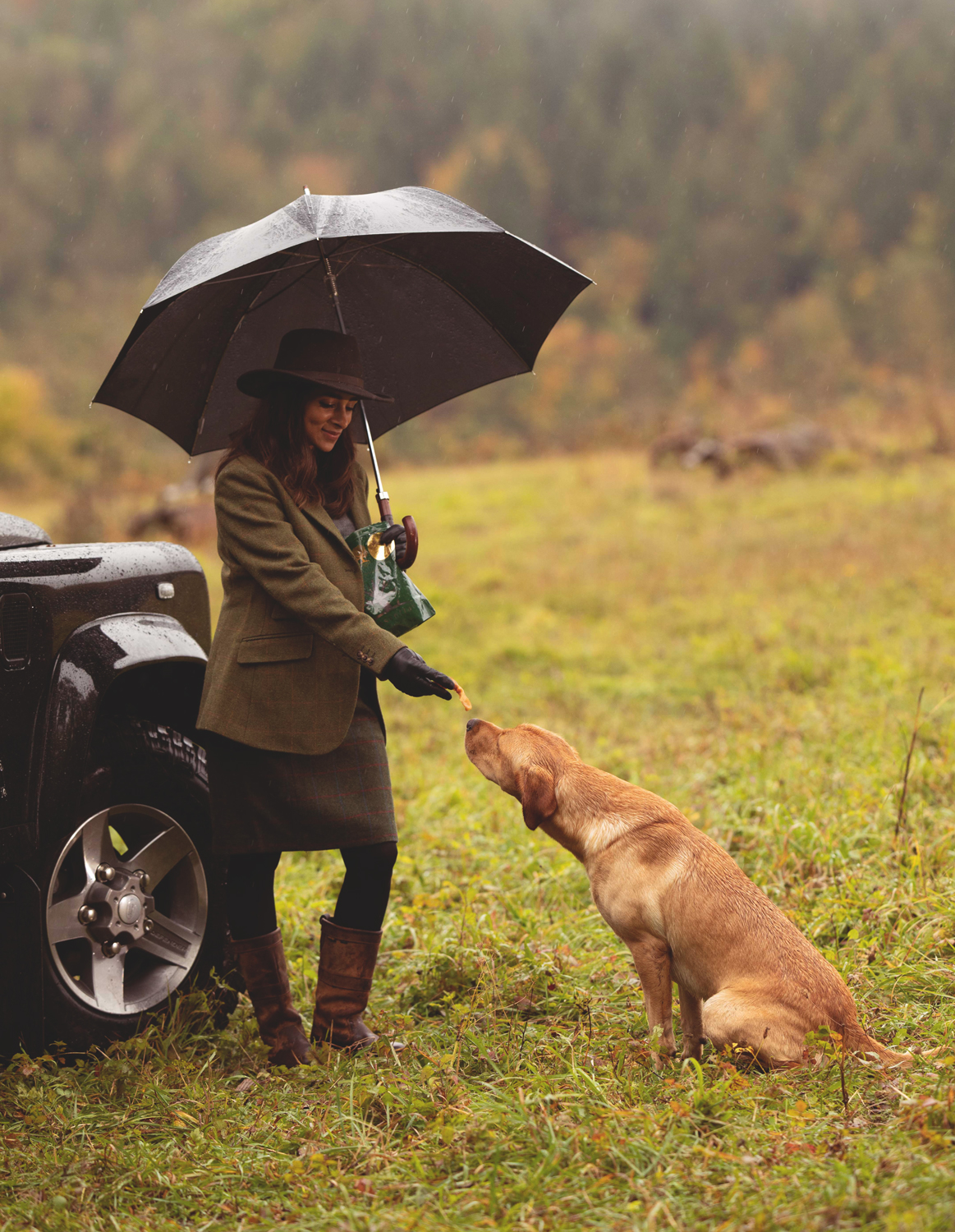 Woman with an umbrella standing at a car with her dog