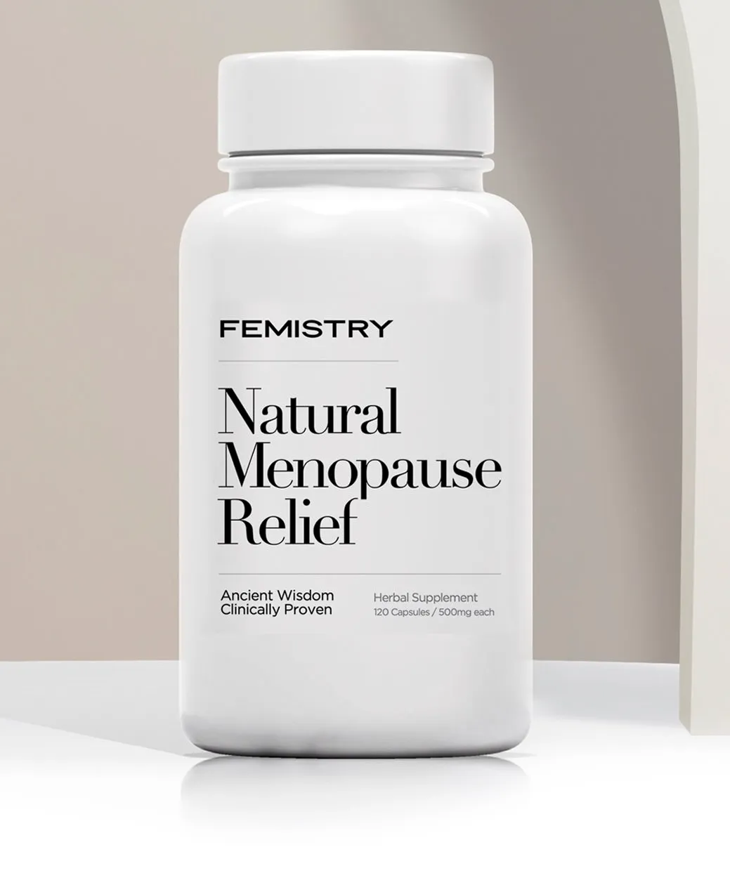 A bottle of Femistry is sitting on a counter.