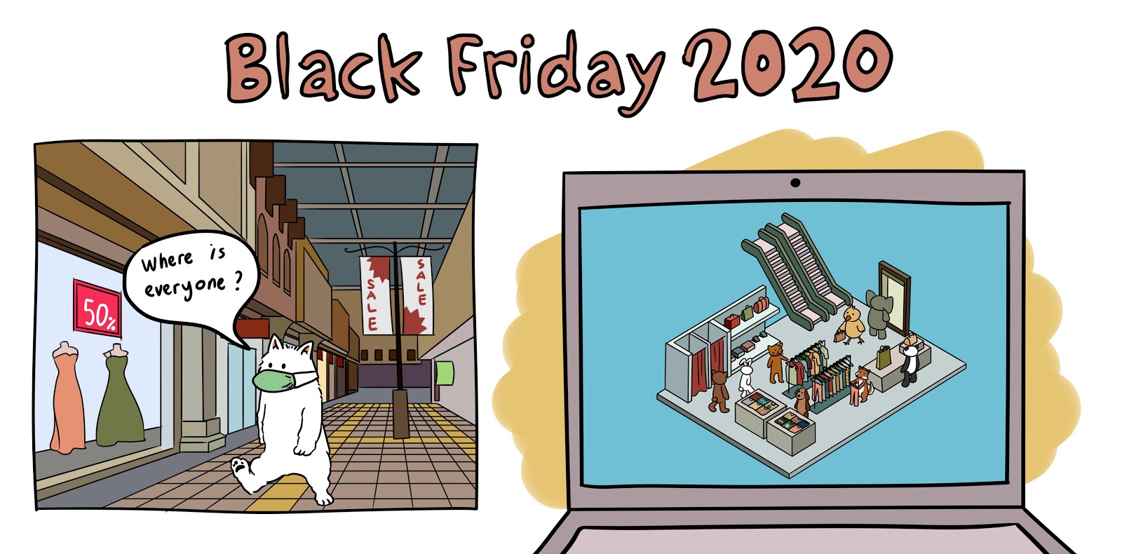 Black Friday 2020: Illustration of dog walking around empty mall saying, "Where is everyone?". Illustration of virtual mall within computer screen and other animals shopping for holiday gifts.