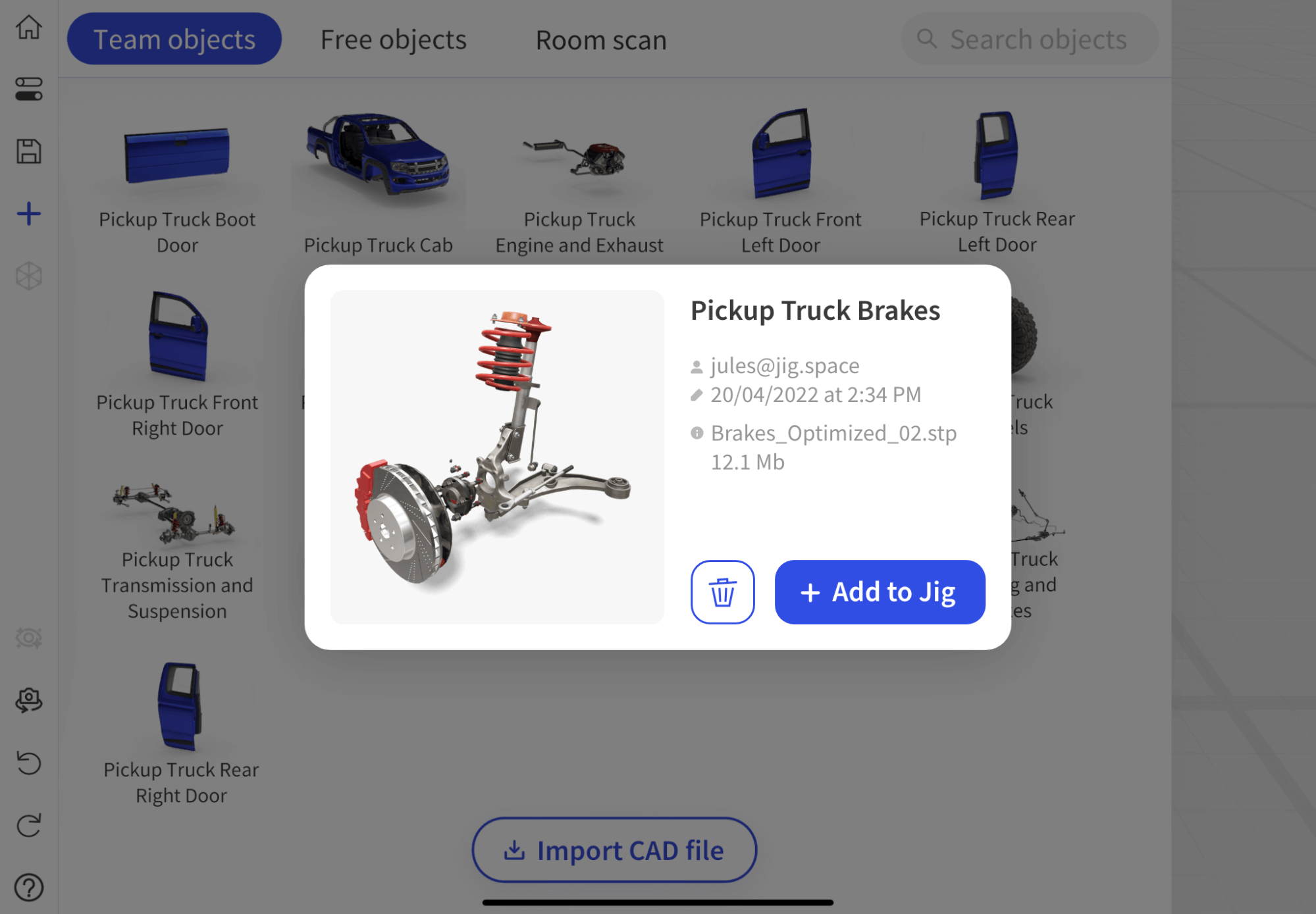 JigSpace 3D library team objects truck brakes model hero panel