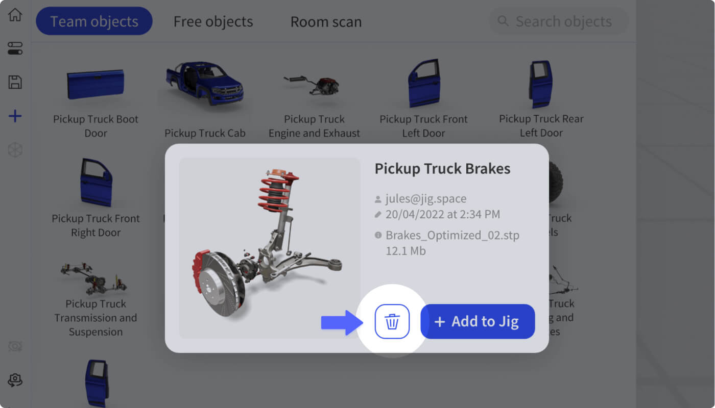 How to delete a 3D object from team library in JigSpace
