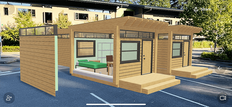 A 3D model of the tiny homes product viewed to scale in augmented reality using JigSpace