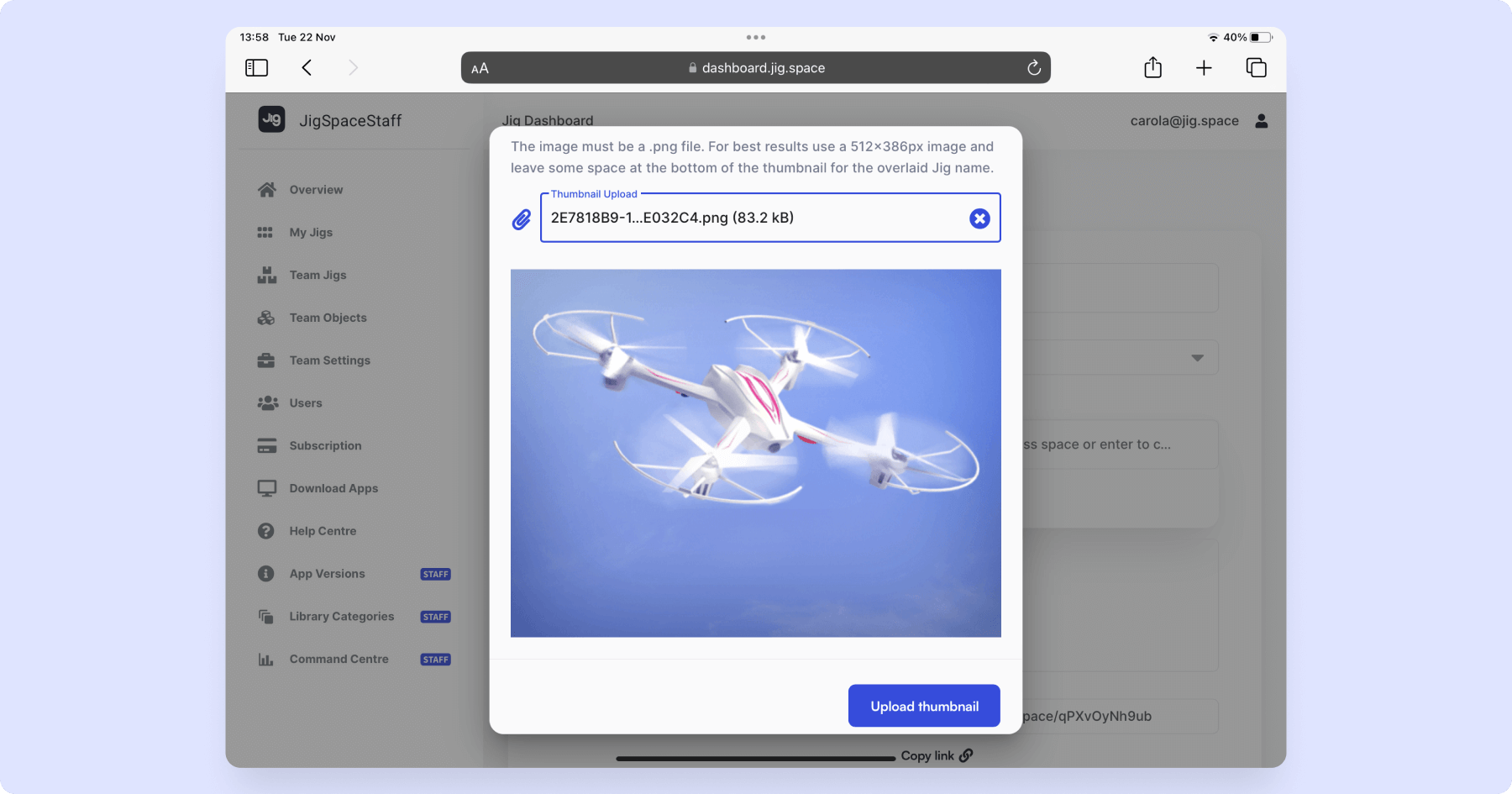 Uploading a custom thumbnail to Jig in JigSpace admin dashboard