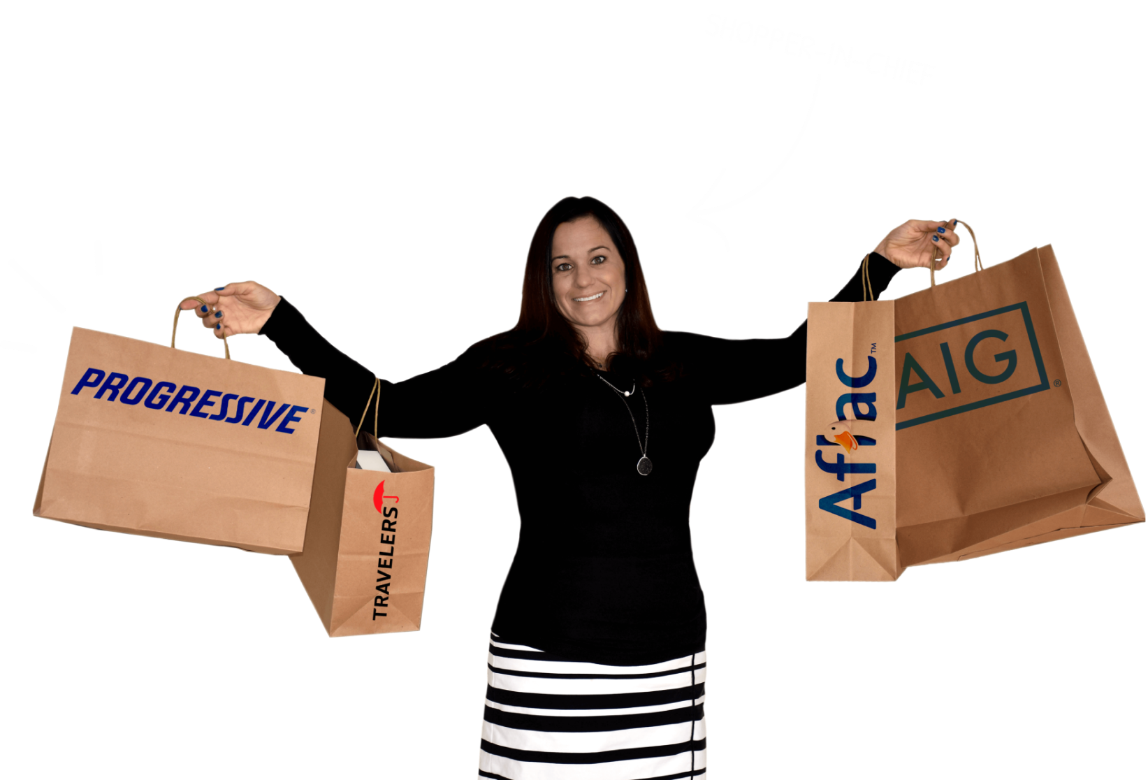 Melissa Ems holds shopping bags with Progressive, Aflac, AIG, and Travelers insurance logos.