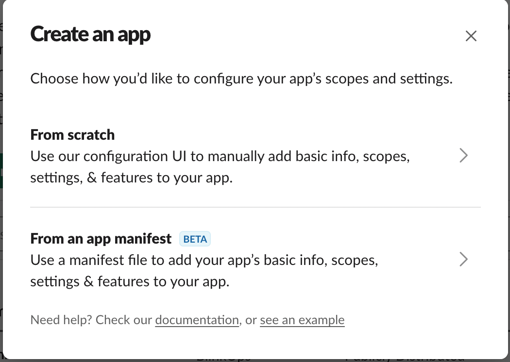 Screenshot of the Slack user interface Create an app menu