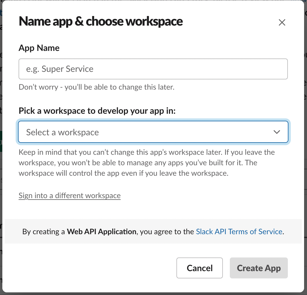 Screenshot of the Slack user interface Name app & choose workspace menu