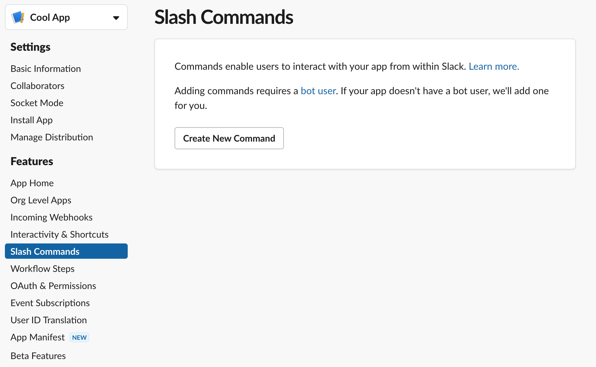 Screenshot of the Slack user interface Setting menu with Slash Commands selected