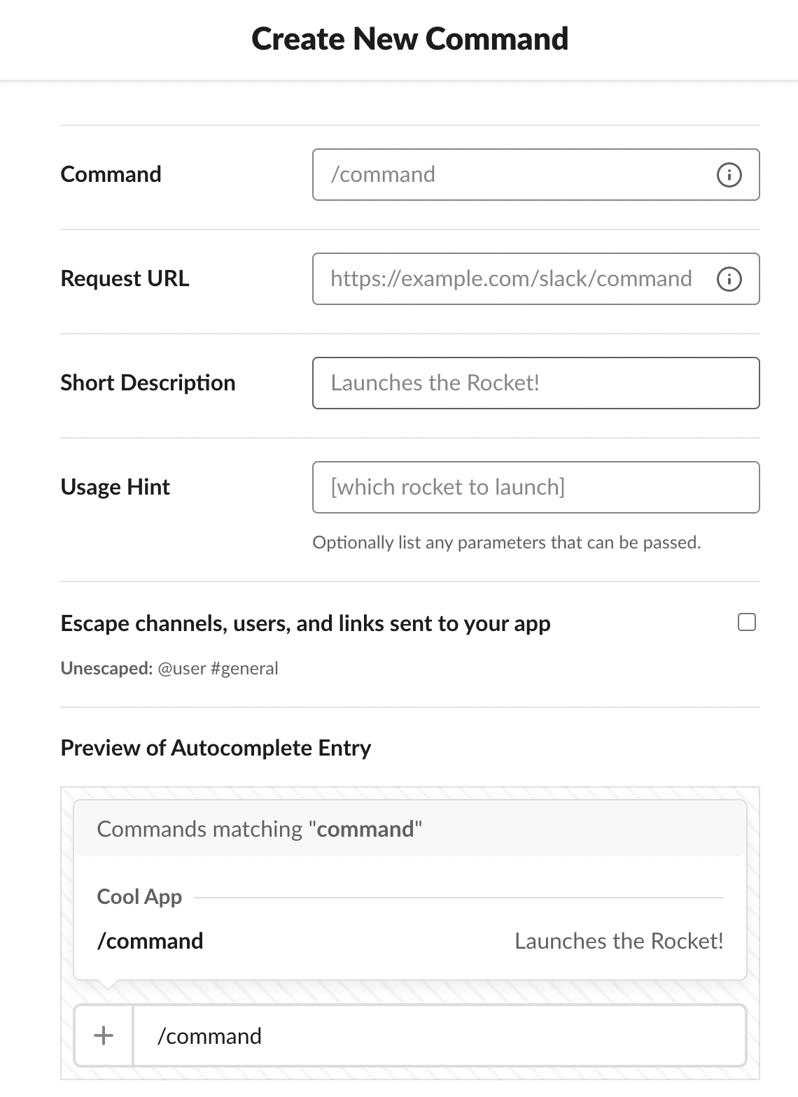 Screenshot of the Slack user interface Create New Command form